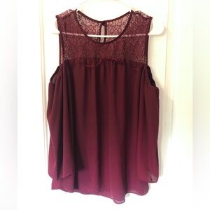 Burgundy Lace Cold-Shoulder Blouse by Charming Charlie